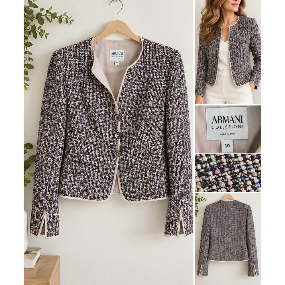 Armani Collezioni Womens 10 Tweed Boucle Jacket Blazer Made Italy Multicolor